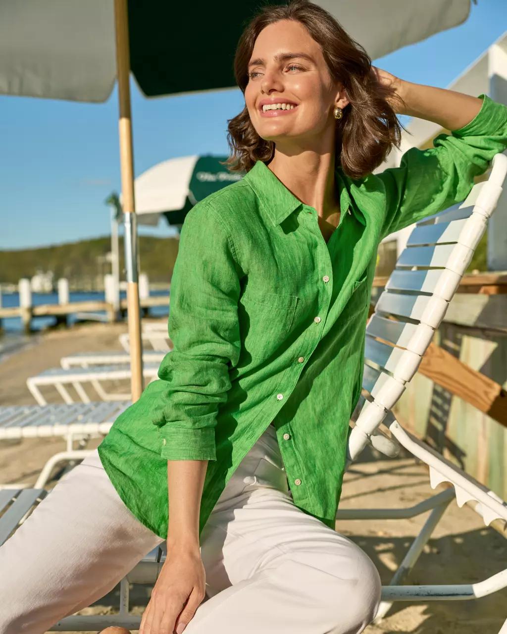 Lilly Pulitzer - Sea View Linen Button Down Shirt - Ivy Green X Chateau Green