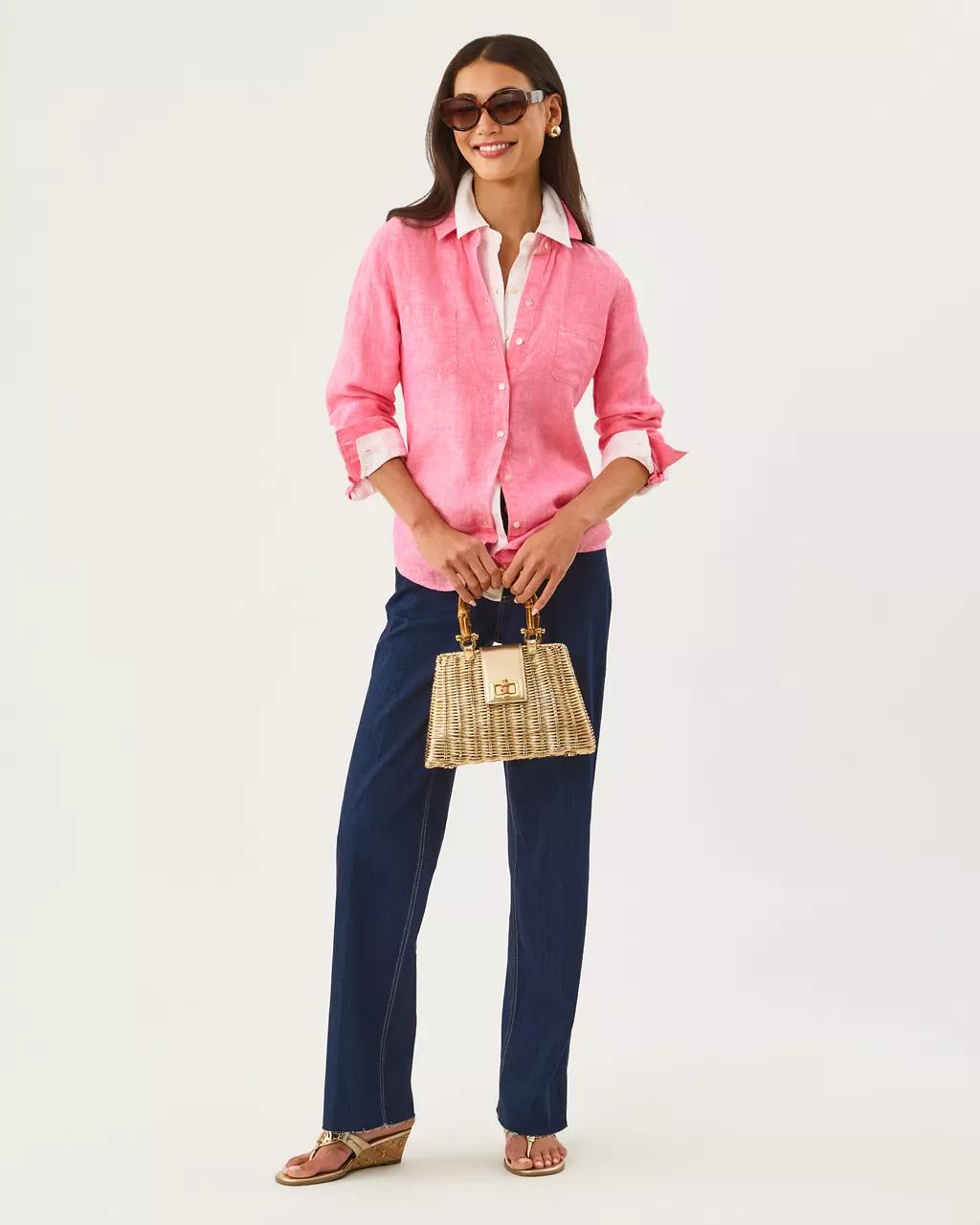 Lilly Pulitzer - Sea View Linen Button Down Shirt - Cherry Blossom Pink X Pink Muse