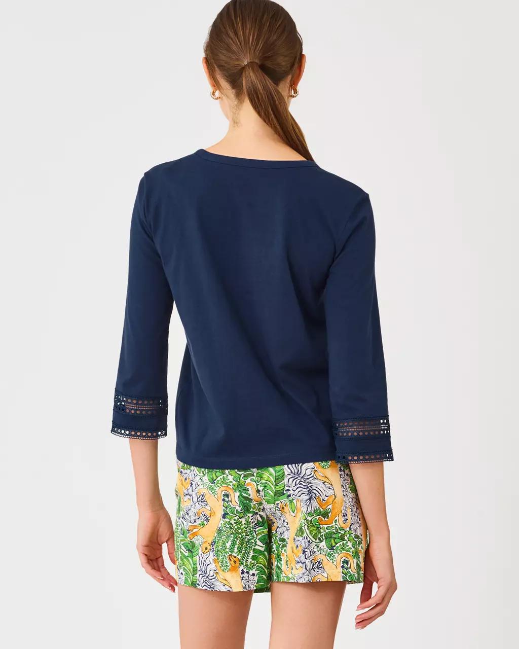 Lilly Pulitzer - Clairmont 3/4 Sleeved Trimmed Knit Top - Low Tide Navy