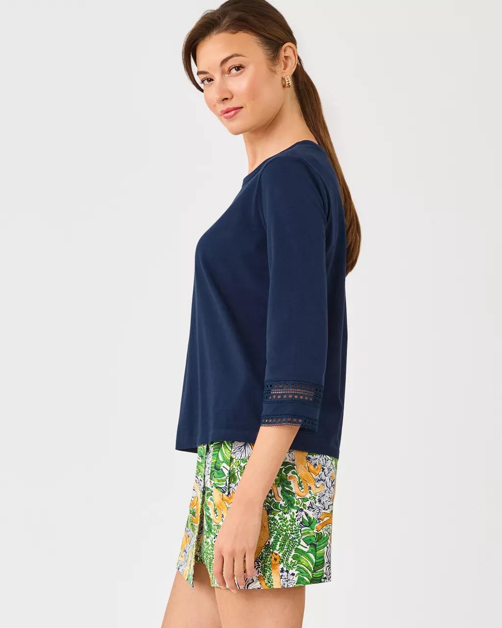 Lilly Pulitzer - Clairmont 3/4 Sleeved Trimmed Knit Top - Low Tide Navy
