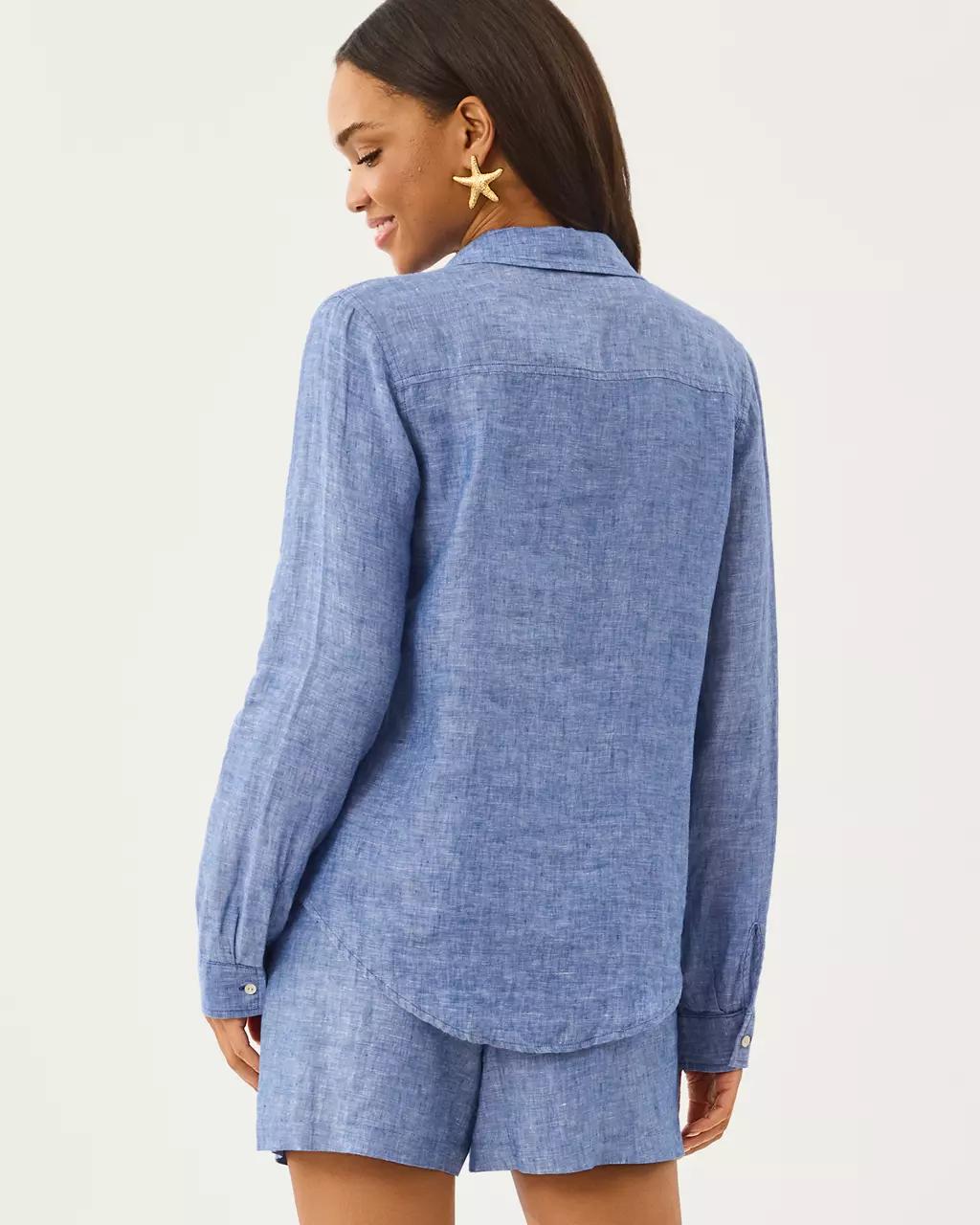 Lilly Pulitzer - Sea View Linen Button Down Shirt - Starlight Navy X Resort White