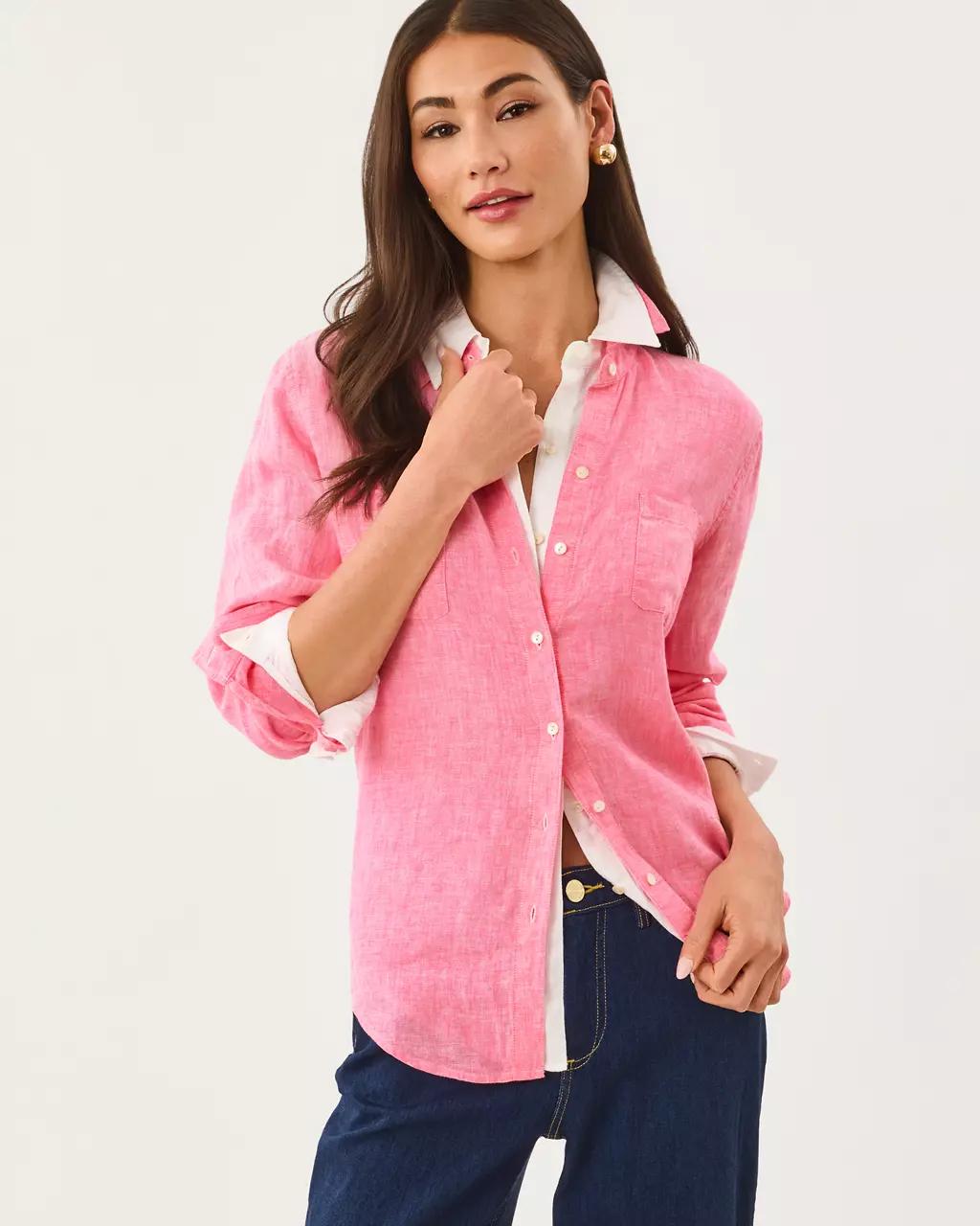 Lilly Pulitzer - Sea View Linen Button Down Shirt - Cherry Blossom Pink X Pink Muse
