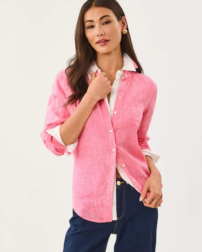 Lilly Pulitzer - Sea View Linen Button Down Shirt - Cherry Blossom Pink X Pink Muse