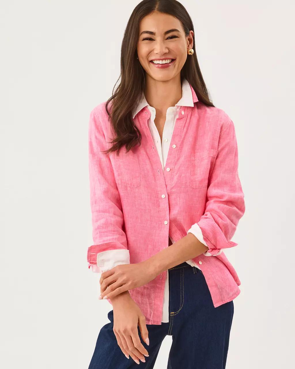 Lilly Pulitzer - Sea View Linen Button Down Shirt - Cherry Blossom Pink X Pink Muse