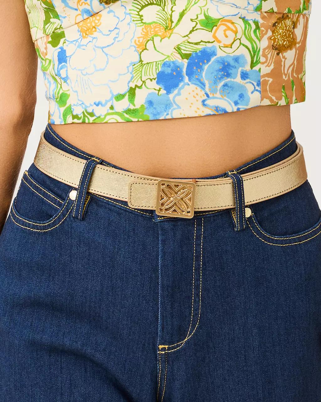 Lilly Pulitzer - Skinny Leather Logo Belt - Gold Metallic