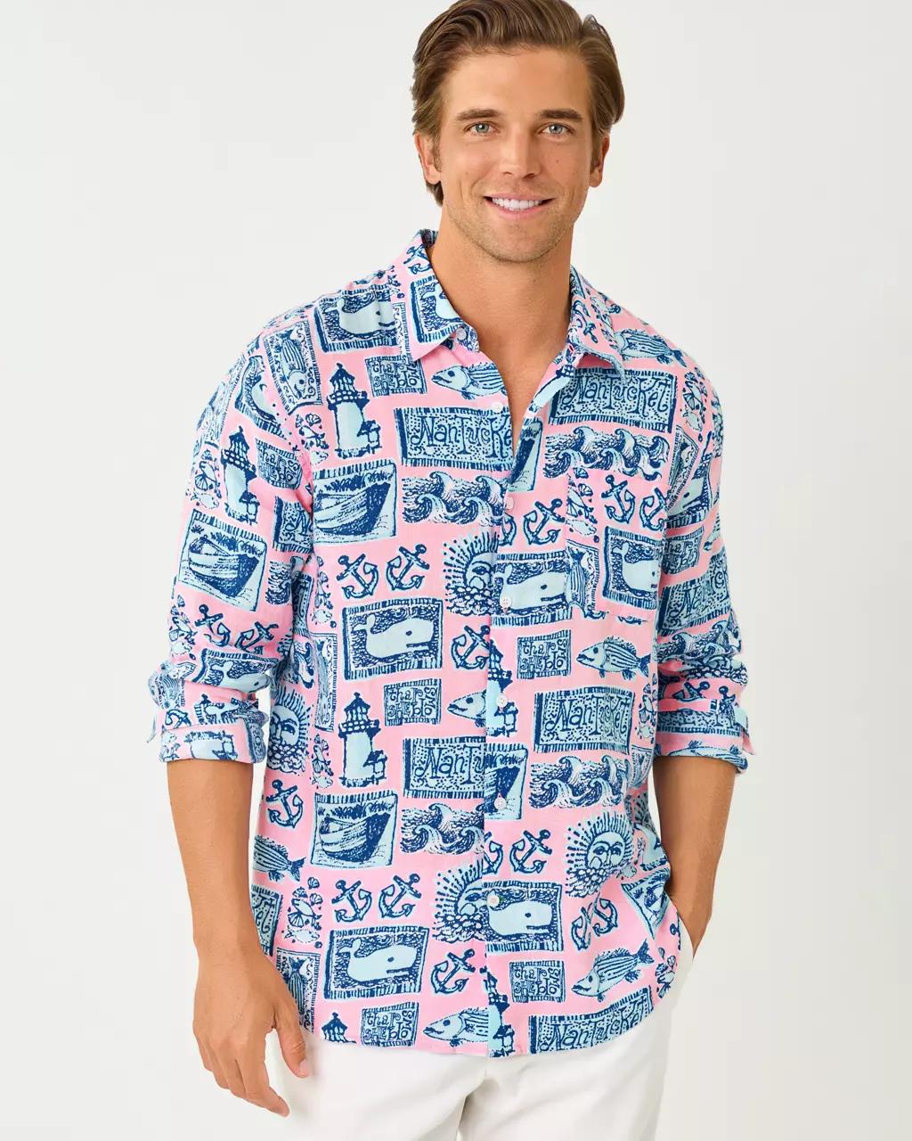 Lilly Pulitzer - Men's Stuff Addison Button Down Linen Shirt - Conch Shell Pink