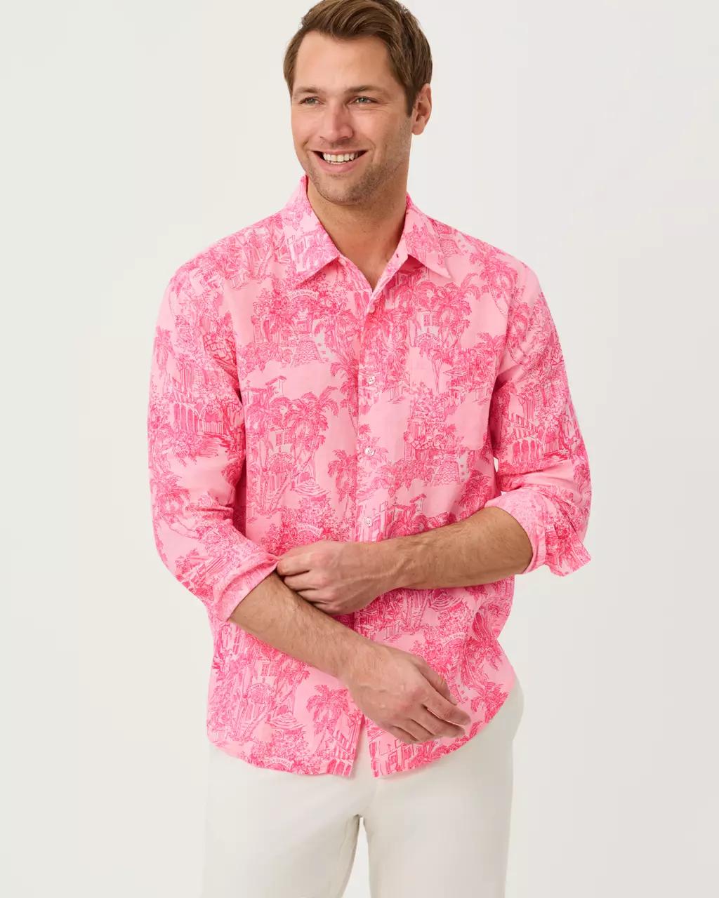 Lilly Pulitzer - Men's Stuff Addison Button Down Linen Shirt - Conch Shell Pink